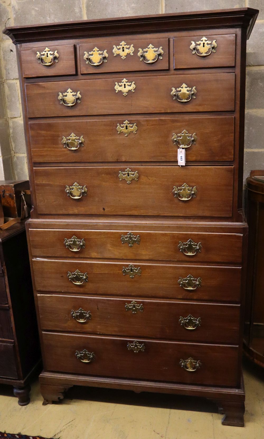 A mid-18th century mahogany chest on chest, width 110cm depth 55cm height 197cm (a.f.)